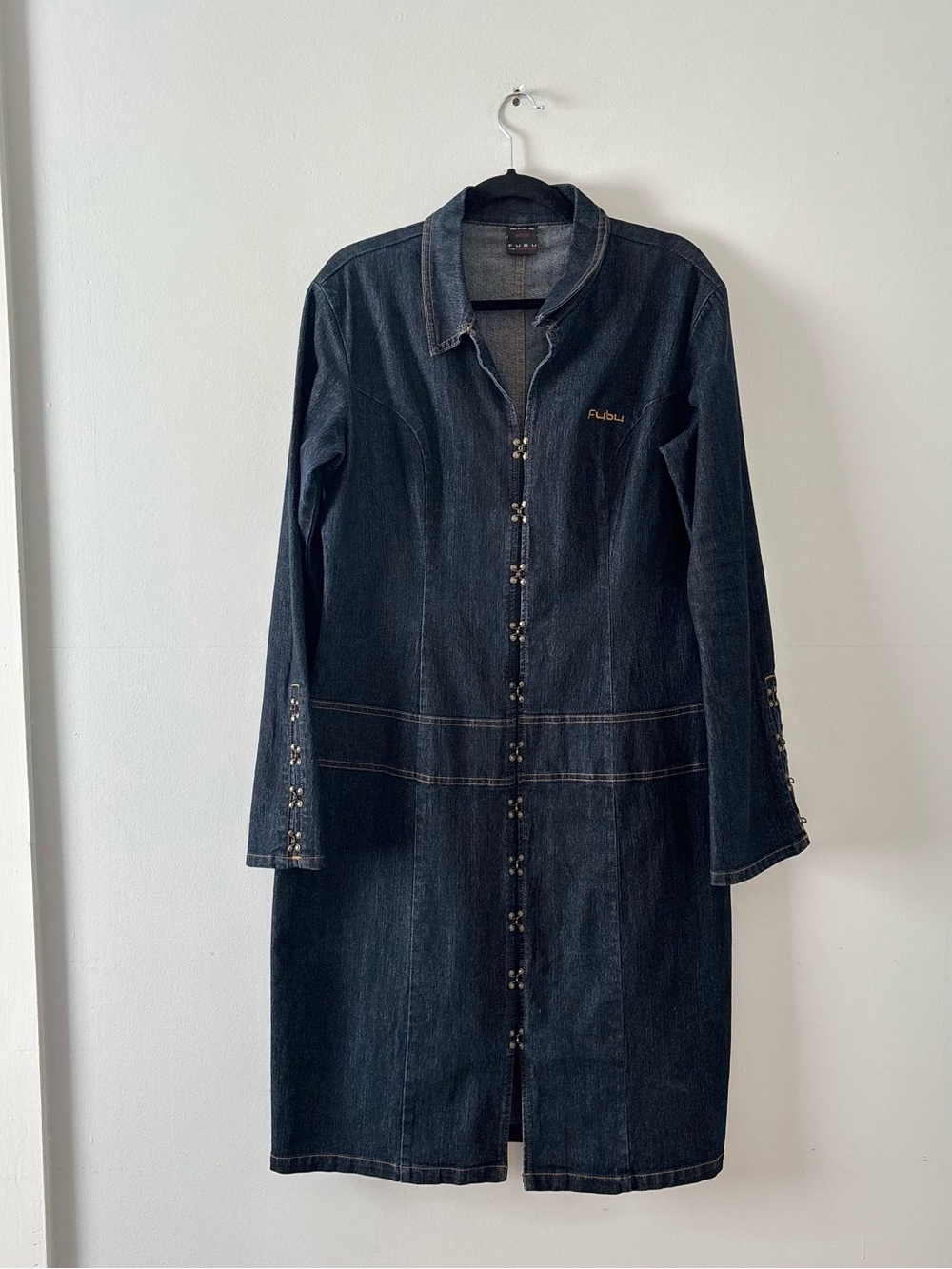 FUBU Vintage Y2K Denim Dress Midi Long Sleeve Clasp Closure Fitted Collar Blue